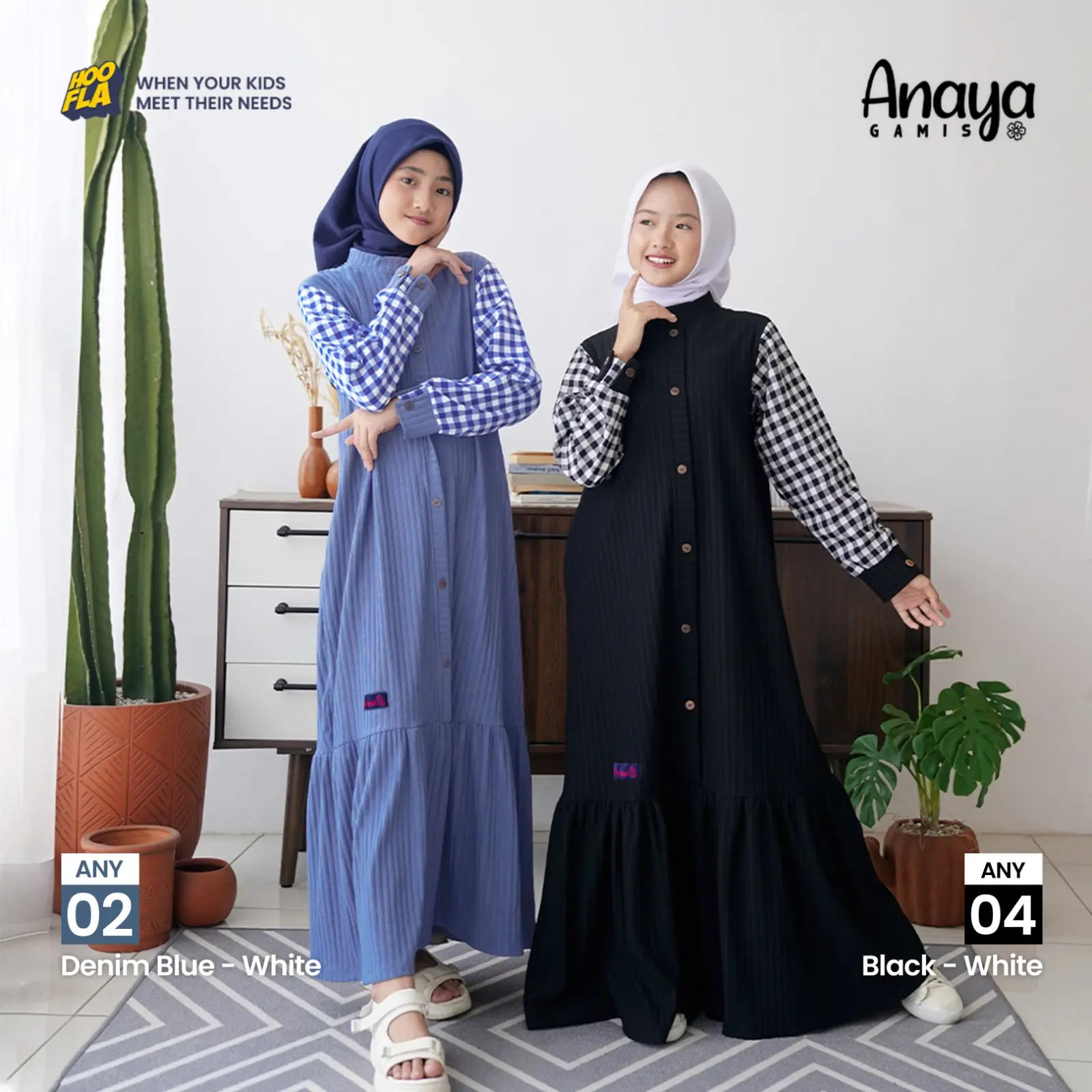 Baju Gamis Anak Remaja Tanggung Hoofla Kids Model Rumble dengan Variasi Dress Wanita Baju Syari Kerah Dewasa - Olive Green/Denim Blue/Peach/Black - Size 5-12 Tahun