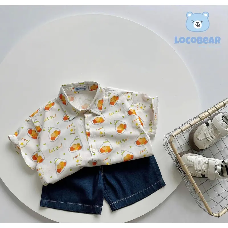 Bộ Cộc Áo Somi Họa Tiết Trái Cây Kèm Quần Short Jean Mềm Bé Trai 10-28Kg 0