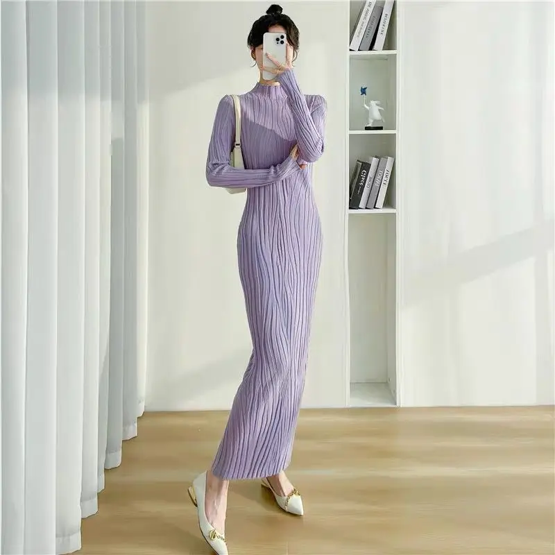 Áo Sơ Mi Lớp Nền Bó Sát Phong Cách Nhật Bản Và Hàn Quốc, Đơn Giản Và Thường Ngày, cổ lọ thấp, Thích Hợp Để Phối Bên Trong, Áo Len Dệt Kim, Váy Quá Gối, Năm 2024 Women Dress Khuy 4