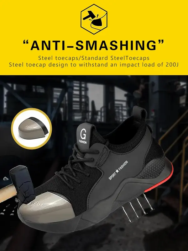 Men's Casual Lace Up Low Top Water Shoes, Lightweight Breathable Comfortable Anti-smashing Sports Shoes, Non-slip Safety Shoes for Daily Wear, Steel Toe Sneakers, Outdoor Sneakers 1