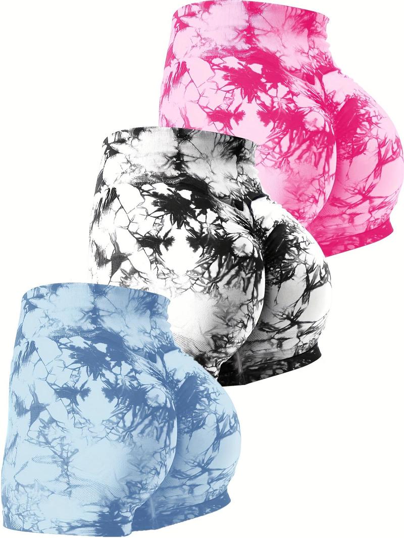 Product Introduction of Women's 3pcs Tie Dye Print High Waist Sports Shorts, Casual Comfy Breathable Seamless High Stretch Yoga Leggings for Gym Workout Running, Ladies Summer Sportswear, Gym Clothing,  Gym Wear 4