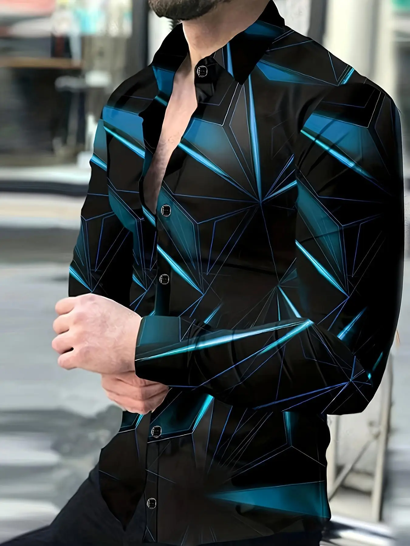 Men's Geometric Print Button Front Shirt, Casual Long Sleeve Collared Top for All Seasons, Fashion Men's Clothes for Daily Wear
