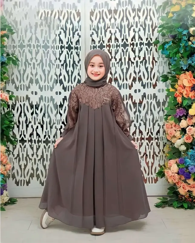 Inara Kids Set Pashmina Gamis Anak Perempuan 5-13 Tahun Dress Kondangan Setelan Anak Gamis Brukat Baju Wanita Muslim Syari Ceruty 2