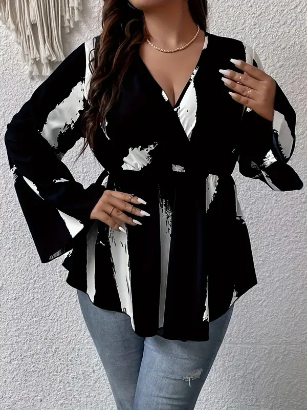 Plus Size All Over Brush Print Wrap V Neck Flounce Sleeve Blouse, Plus Casual Peplum Hem Long Sleeve Top for Women, Women Plus Clothing for All Seasons 7