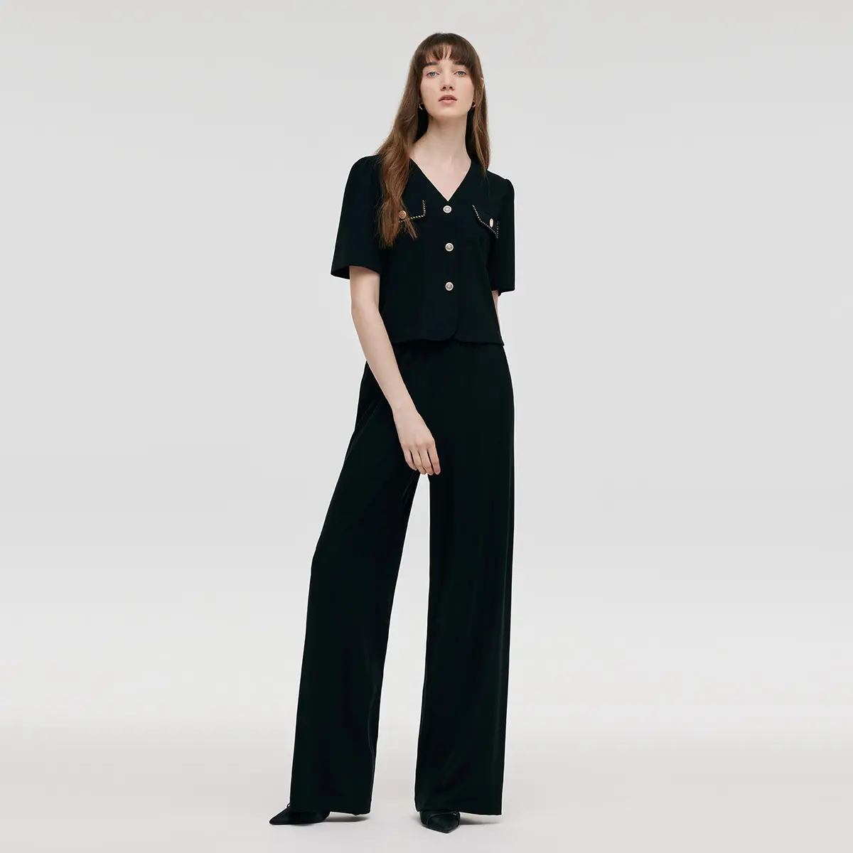 V-Neck Top And Straight Pants Two-Piece Set