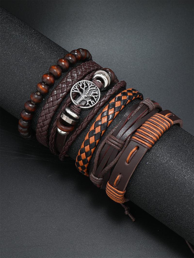 Product Introduction of Men's Vintage Adjustable Bracelet Set (6counts/set), Beaded & Braided & Hollow Out Tree Design for Party, Daily Birthday Gift 4