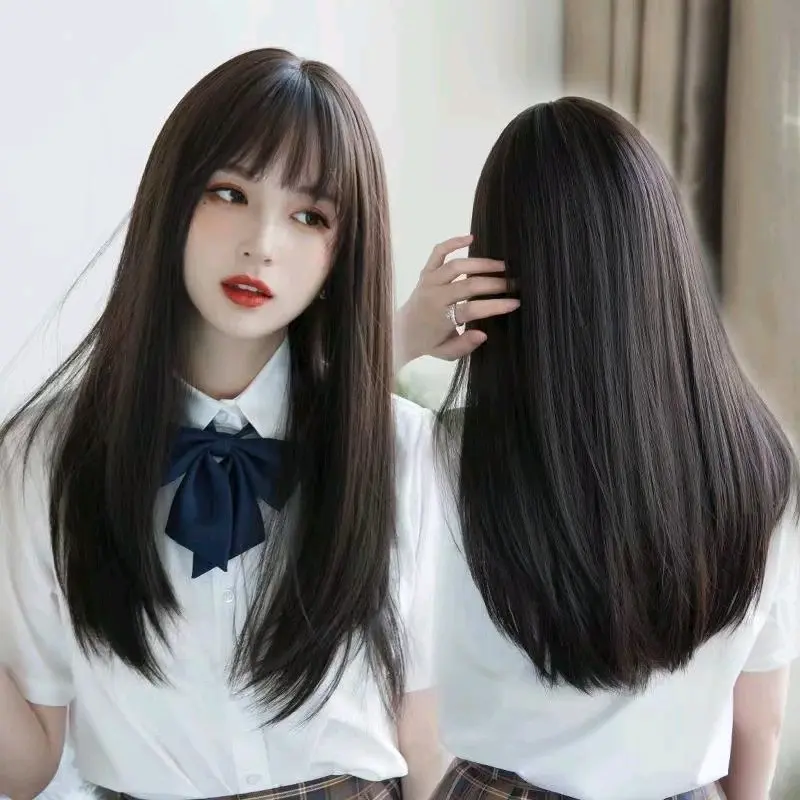 Wig dewasa rambut panjang lurus Unisex Pink