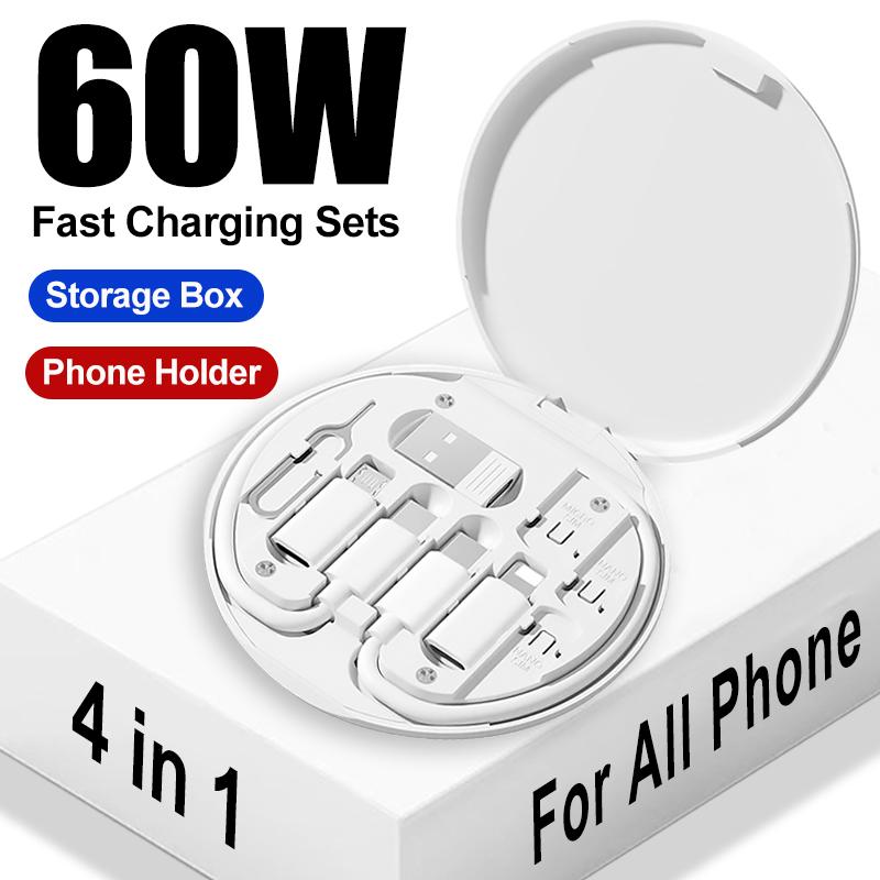 Bộ Chuyển Đổi Cáp Sạc Nhanh, 4 Trong 1, Dành Cho iPhone 14 13 12 15 Pro Max, Sạc Nhanh, Bộ Dây Dữ Liệu Mini Đa Chức Năng, Hộp Lưu Trữ, 60W