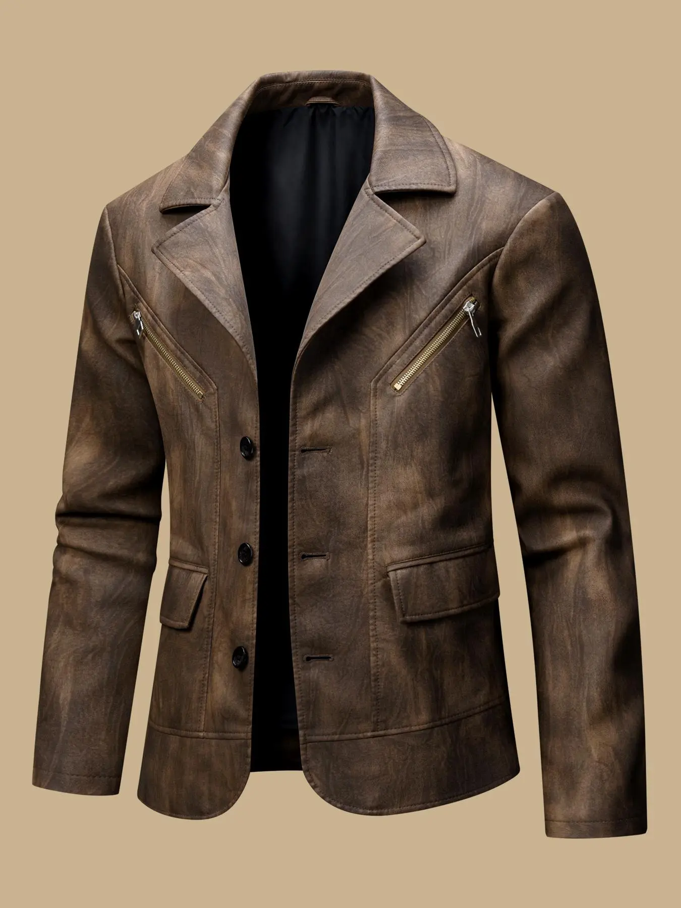 Men's Solid Color Button Front Pocket Faux Leather Jacket, Regular Fit Casual Long Sleeve Lapel Collar Outerwear for Fall & Winter, Men's Clothes for Daily Wear， Men's Clothing