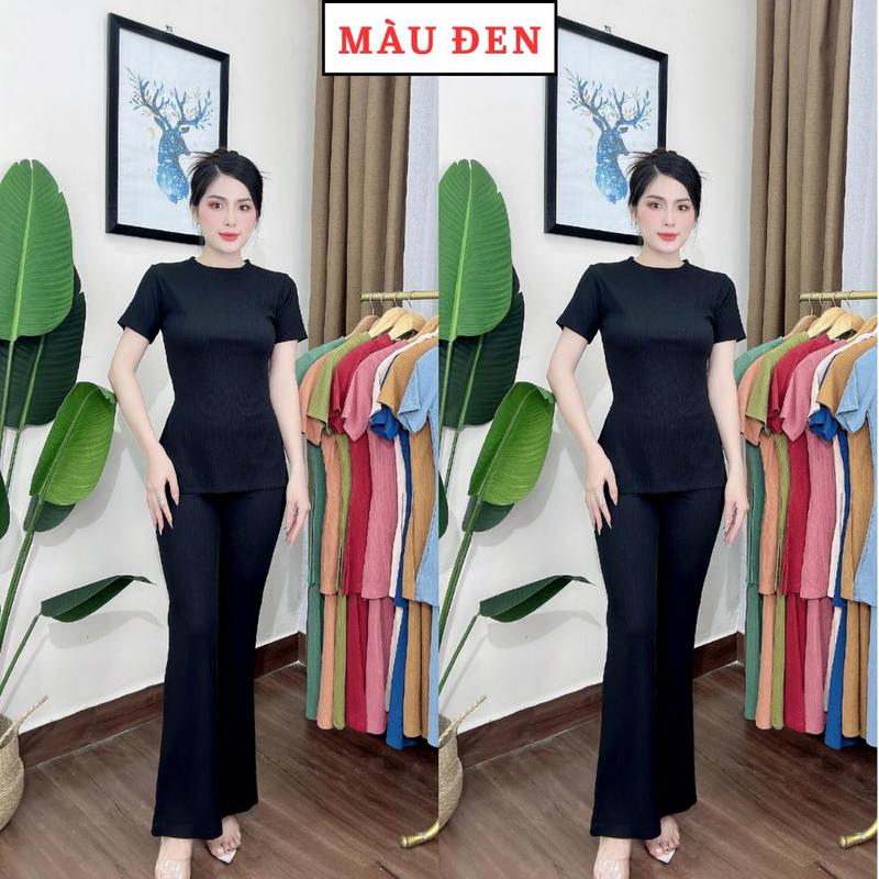 S18 Set bộ áo cổ tròn tay ngắn xẻ tà Store Phương Linh quần óng loe chất len sọc dày dặn đủ size S, M, L, XL, XXL phù cho các dịp thông thường Có thể giặt bằng máy 5