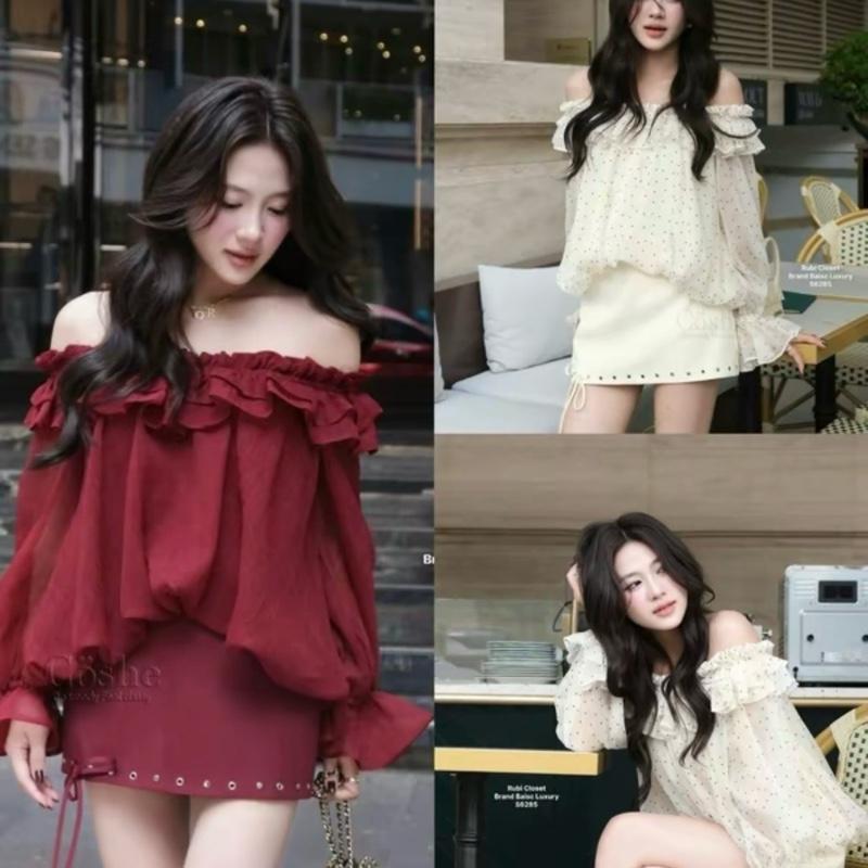 VN17 Voan cứng - có bigsize- loại 1 SET ÁO TRỄ VAI TƠ XOÈ PHỐI CHÂN VÁY ÔM BODY CHỮ A ĐỤC LỖ by CarrotShop