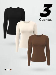 Camisa de manga larga de punto sin costuras para mujer, top para entrenamiento en gimnasio, camiseta para yoga y deportes al aire libre, manga larga para todas las estaciones, casual y de corte holgado, con moderada espesor de tela