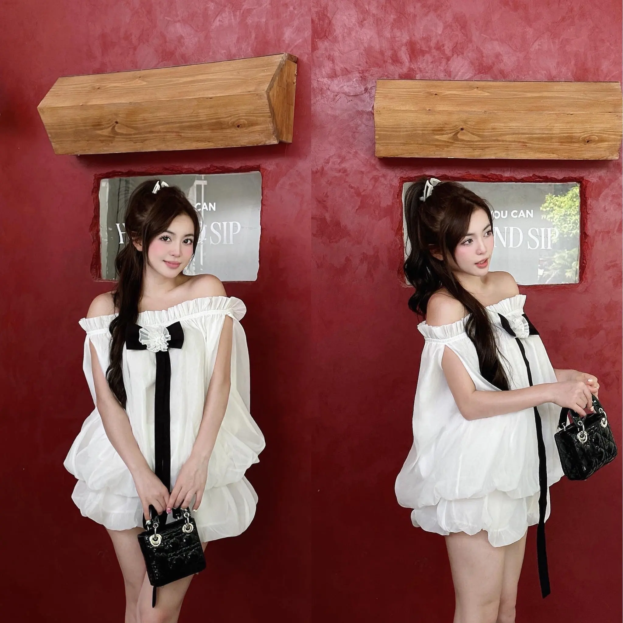 Set áo trễ vai bèo đính hoa nơ ngự c kèm quần sooc bom tiểu thư xinh xắn