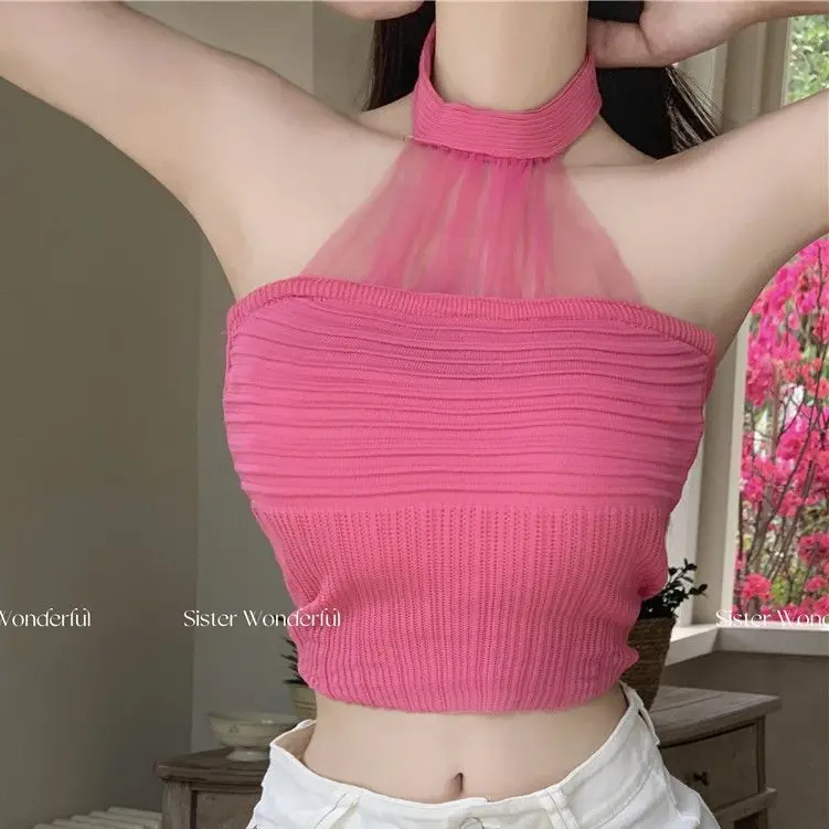 Hot Girl-Áo Hai Dây Cắt Tỉa Lưới, Dây Mảnh, Áo Vest Nữ, Mùa Hè Mới, Gợi Cảm, Cạp Cao, Dáng Ôm, Ngắn, Không Ngủ, Thời Trang Top Women Cat