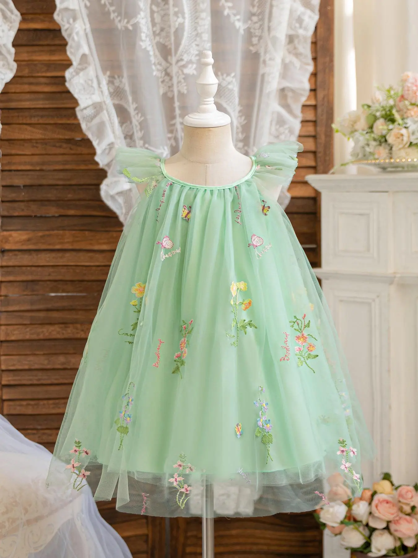 Girl's Floral Embroidery Mesh Sweater Dress, Cute Casual Butterfly Sleeve Round Neck Dress for Summer, Kids Clothes for Daily Wear