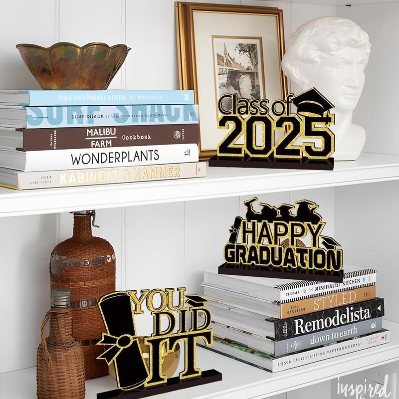 Graduation Themed Wooden Table Centerpiece, 4 Counts/set Class Of 2025 Congrats Grad Letter Pattern Ornament, Graduation Decorations for Home Party School 3