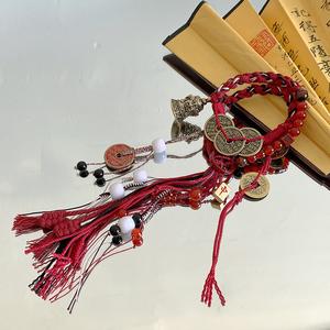 สร้อยข้อมือสไตล์ทิเบตจีนแฮนด์เมดพร้อมพู่เครื่องประดับเงินธีมการพกพา，ดึงดูดทรัพย์ โอกาสทางการเงิน，เสริมโชคลาภ，ของขวัญในอุดมคติ ，สำหรับนำโชคและการป้องกัน，กำไลข้อมือนุ่มปรับได้พร้อมสัญลักษณ์นำโชค,    [มาใหม่]