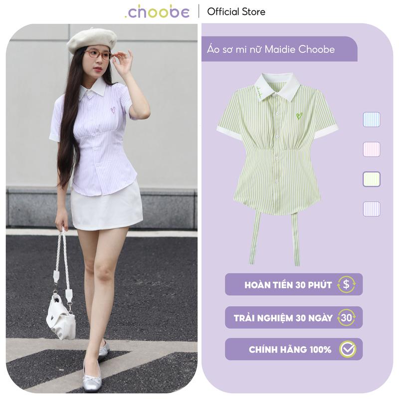 Áo sơ mi nữ Choobe cộc tay kẻ sọc chiết eo đuôi tôm phối dây nơ sau ASM12