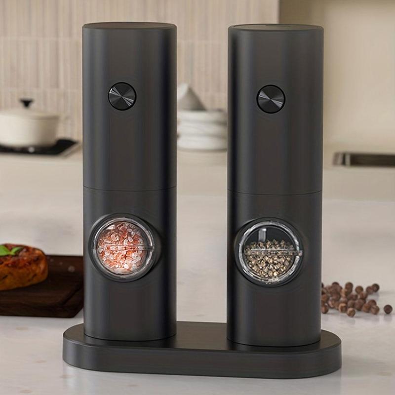 Product Introduction of Electric Pepper Mills Set without Battery, Battery Powered LED Light Adjustable Salt and Pepper Mills with Base and Brush, Kitchen Gadgets, Kitchen Accessories, Summer for Gift Seasoning Utensils 0