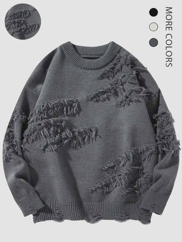 Men's Ripped Drop Shoulder Sweater, Men's and Women's Lazy and Versatile Ins Style Casual Fashion Knitted Pullover for Fall & Winter, Fashion Men's Knitwear for Daily Wear 2