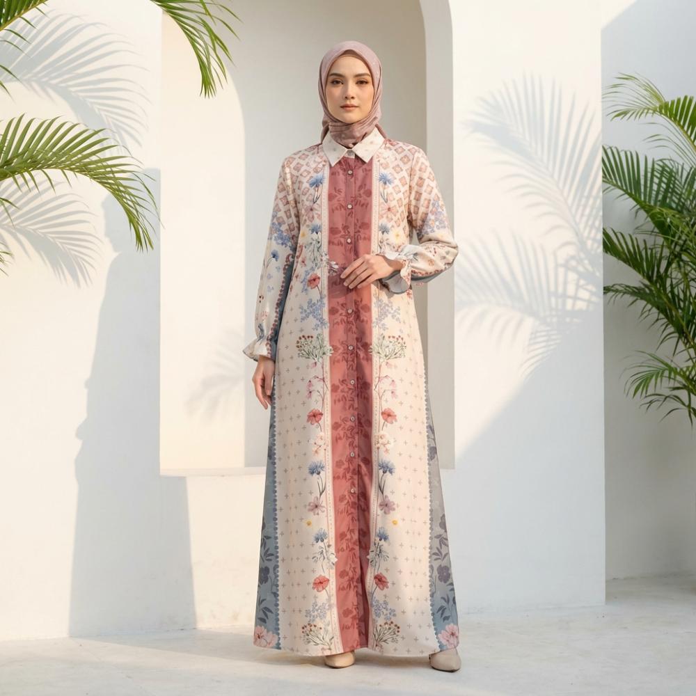 Asaya Gaun elegan dengan motif posisi mode lengan panjang
