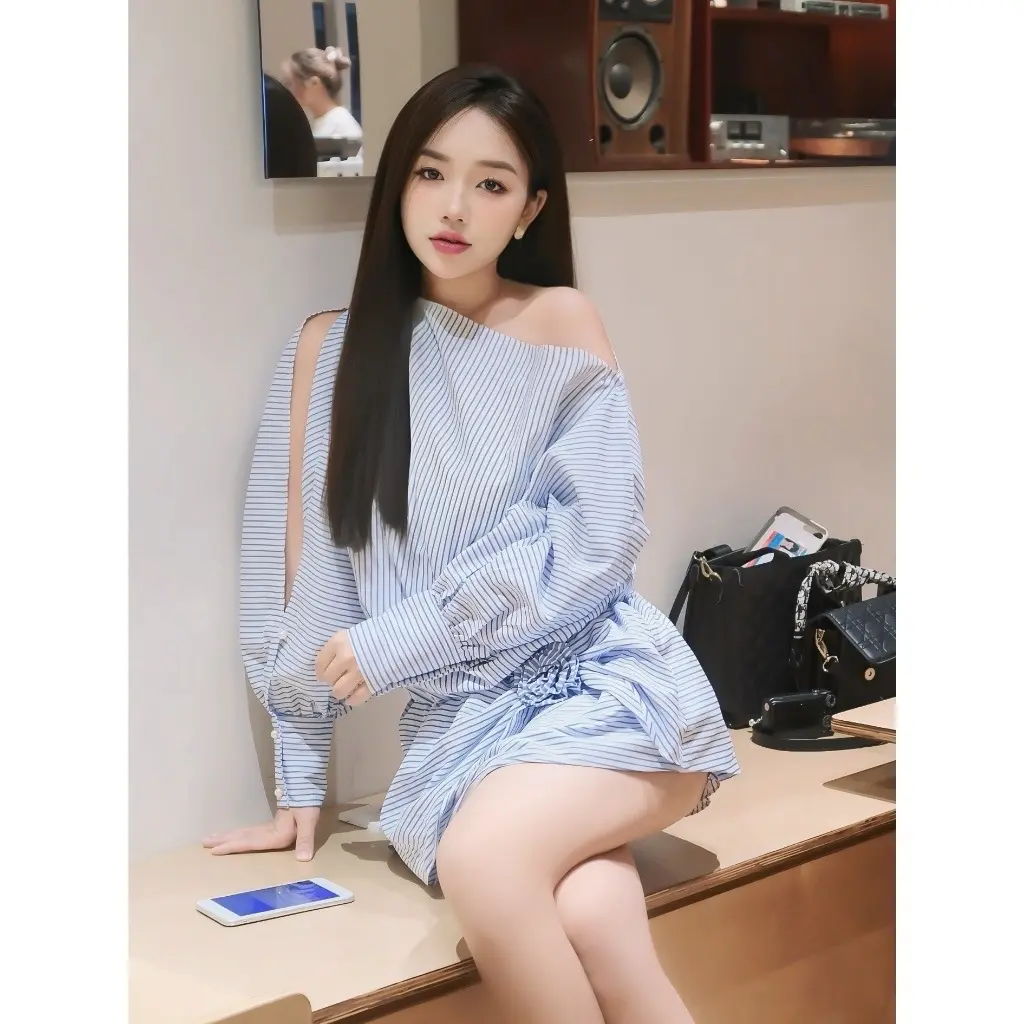 Váy sơ mi kẻ lệch vai cách điệu tay xẻ đính hoa tết eo xinh xỉu Nữ Women Dress