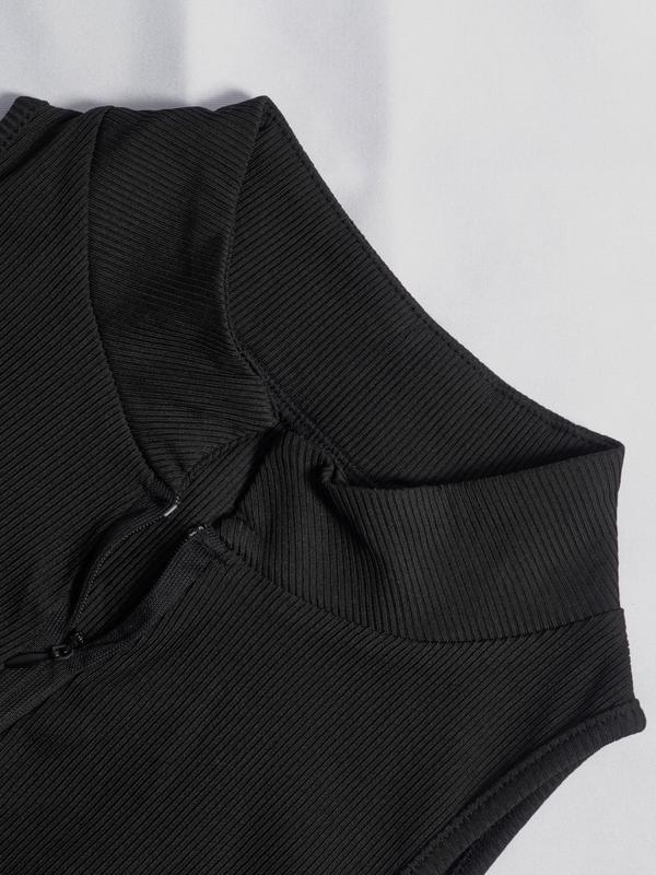 Women's Solid Color Half Placket Zipper Mock Neck Ribbed Crop Tank Top, Casual Sleeveless Cropped Top for Summer, Summer Clothes, Going Out Top, Streetwear, Ladies Clothing for Daily Wear 5