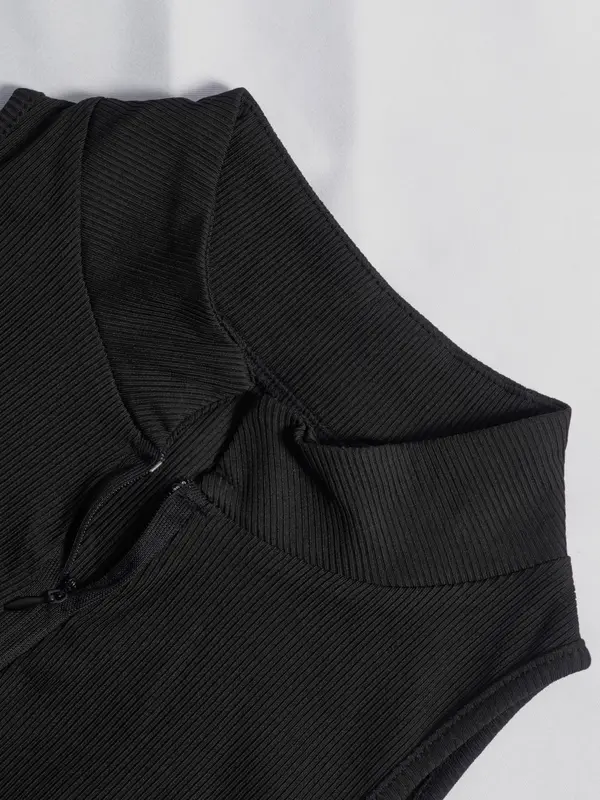 Women's Solid Color Half Placket Zipper Mock Neck Ribbed Crop Tank Top, Casual Sleeveless Cropped Top for Summer, Summer Clothes, Going Out Top, Streetwear, Ladies Clothing for Daily Wear 5