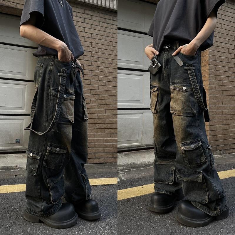 Product Introduction of JEANS STRAP BOX (8 Túi hộp phối đai) - Quần jeans ống rộng phủ gót chùm giày halo kaki Pants Kem Nữ Denim Ong 6