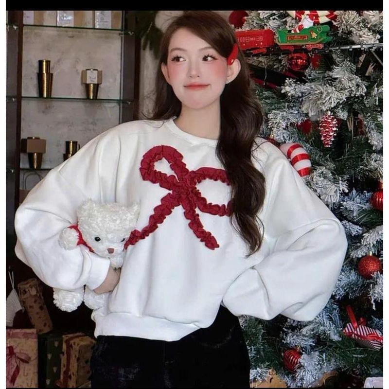 Áo cổ tròn thêu nổi nơ rúm chất cotton   form 40_65kg phong cách hàn quốc top women nữ  thun nỉ 3