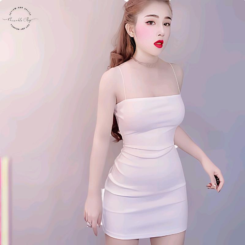 Đầm Body Nữ 2 Dây Gân Tròn Thun Borip Cổ Vuông Sen Trắng Hoa Sen Sò Voan Miriahlu Shop Daily Dress Women Màu Trắng