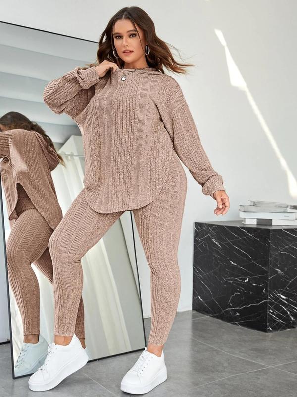 Plus Size Two-Piece Set Solid Split Hem Hoodie & High Waist Skinny Pants Set, Casual Fashion Drop Shoulder Long Sleeve Top & Trousers, Women's Two-piece Outfits 2