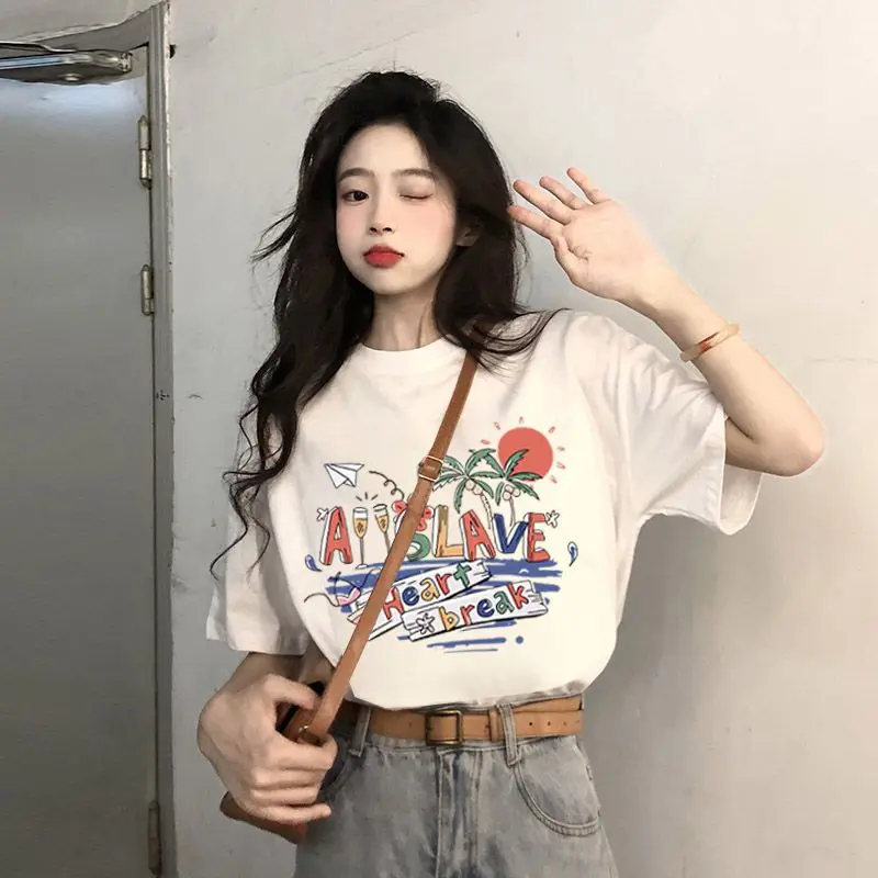2025 Pure Cotton White 2024 New Summer Heavy Short Sleeve T-Shirt for Women Printed Casual Loose Versatile Trendy Ins Top