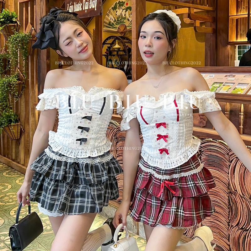  Set áo bẹt vai cánh tiên họa tiết hoa nhí đính nơ chân váy caro siêu xinh bánh bèo Fazi Set Biu Clothing BB0419 Nữ Women Top 