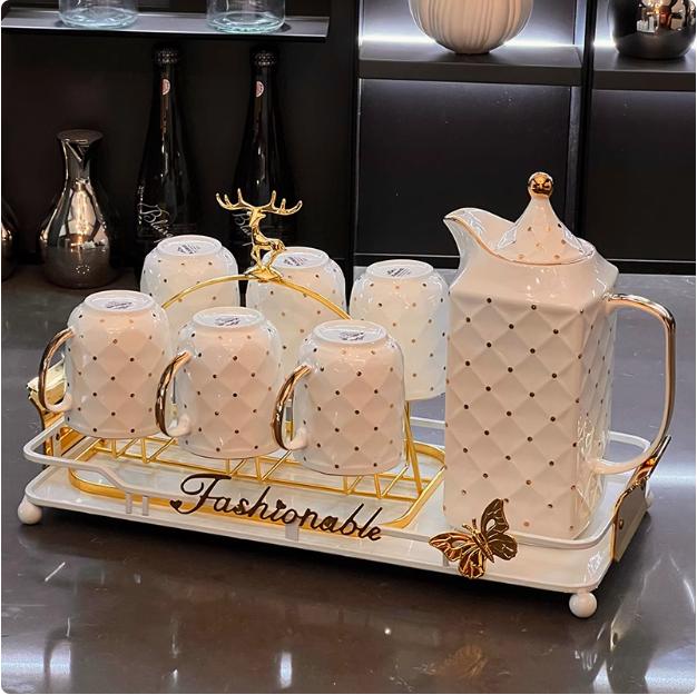 Bộ ấm chén uống trà màu trắng chấm bi. Ấm chén pha trà cao cấp. Ấm chén Decor nhà cửa, quà tặng đẹp ý nghĩa. tách