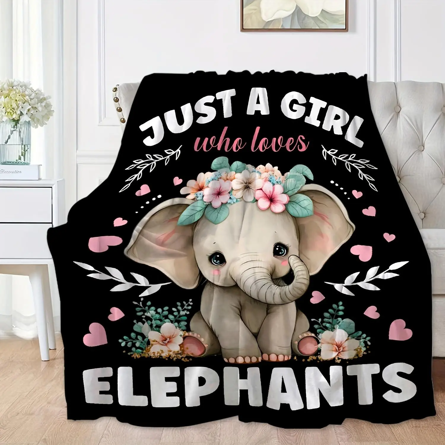Cartoon Elephant & Letter Pattern Flannel Blanket, 1 Count Casual Soft Napping Blanket for Home & Office, Warm Blanket for Air-conditioned Room, Girls Room Accessories