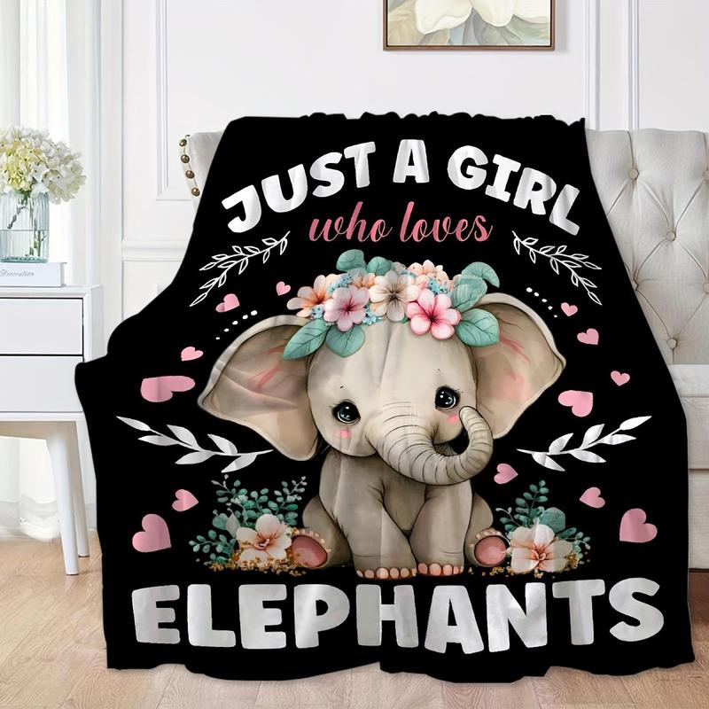 Cartoon Elephant & Letter Pattern Flannel Blanket, 1 Count Casual Soft Napping Blanket for Home & Office, Warm Blanket for Air-conditioned Room, Girls Room Accessories 0