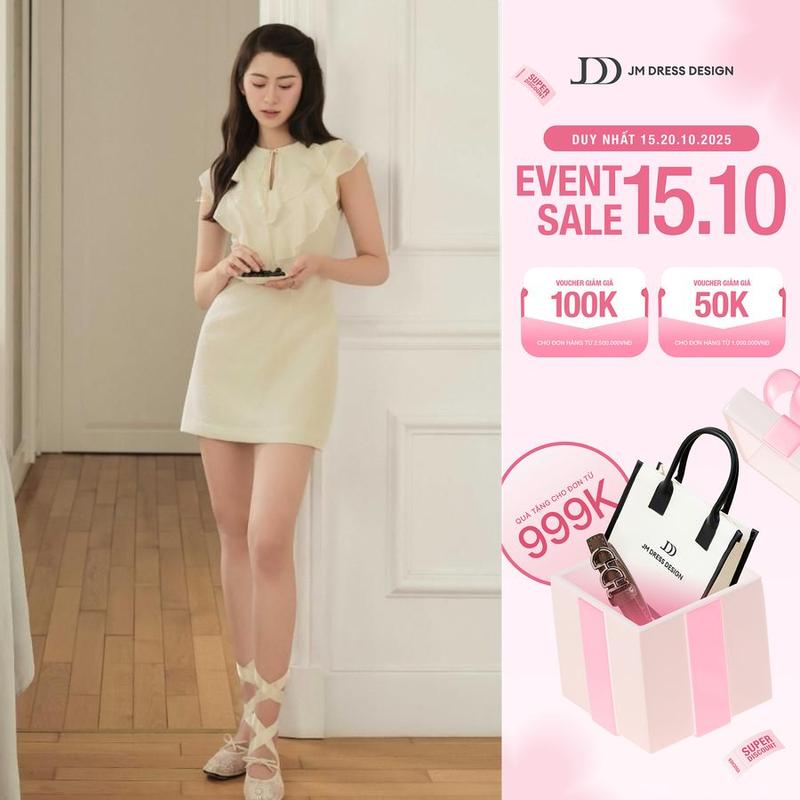 Đầm thắt nơ 2 tầng bèo đổ ngực 1S36.2504OG, Váy công sở nữ, Đầm tiểu thư dự tiệc đi chơi JM Dress Design