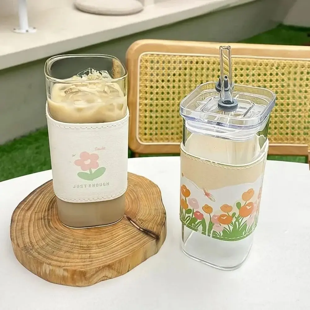 Cốc Thủy Tinh Vuông, Trong Suốt, Chịu Nhiệt, Thiết Kế Hoa Tulip, Thích Hợp Pha Trà Bong Bóng, Bar Và Nước Trái Cây, Cốc