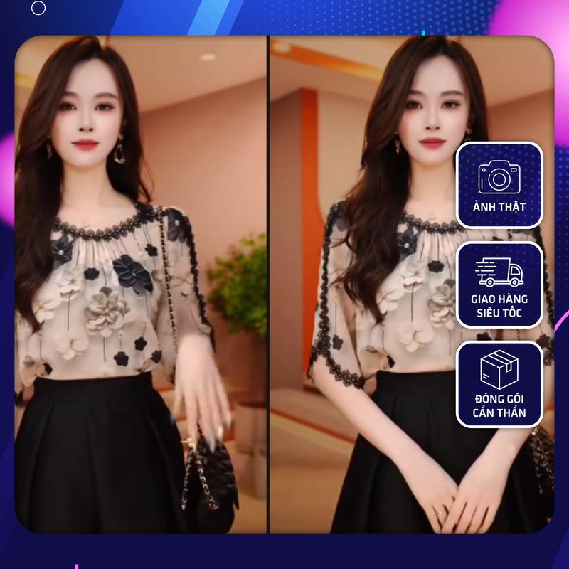 [HTC9] Áo kiểu nữ công sở hoa 3D viền dây ren cao cấp voan lót - Top, Women Sơ Mi Shirt Voi Shirt Shirt áo  sơ aosang  chanh áo trung niên