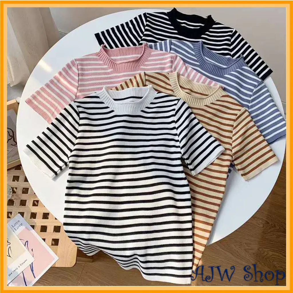 Kaos Rajut Stripe Wanita Import Lengan Pendek RW | Atasan Rajut Import Garis-Garis | Baju Rajut Wanita Lengan Pendek Import Garis Garis | Atasan Wanita Rajut Import Premium Korean Style