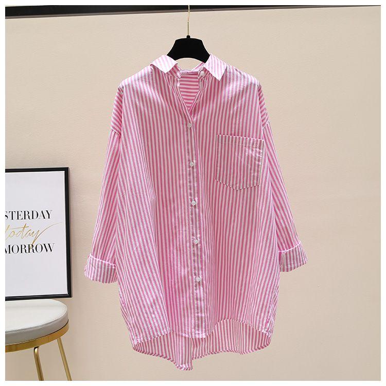 Product Introduction of [Frsud] pure cotton striped printed shirt, women's loose, long sleeve, simple casual style, half-length cardigan shirt, suitable for women, new in 2024 XL [211rx royal blue] blouse & shirt 5
