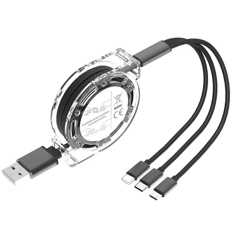 Retractable Data Cable Easy To Store 3A Fast Charge 3-in-1 Charging Cable Cellphone