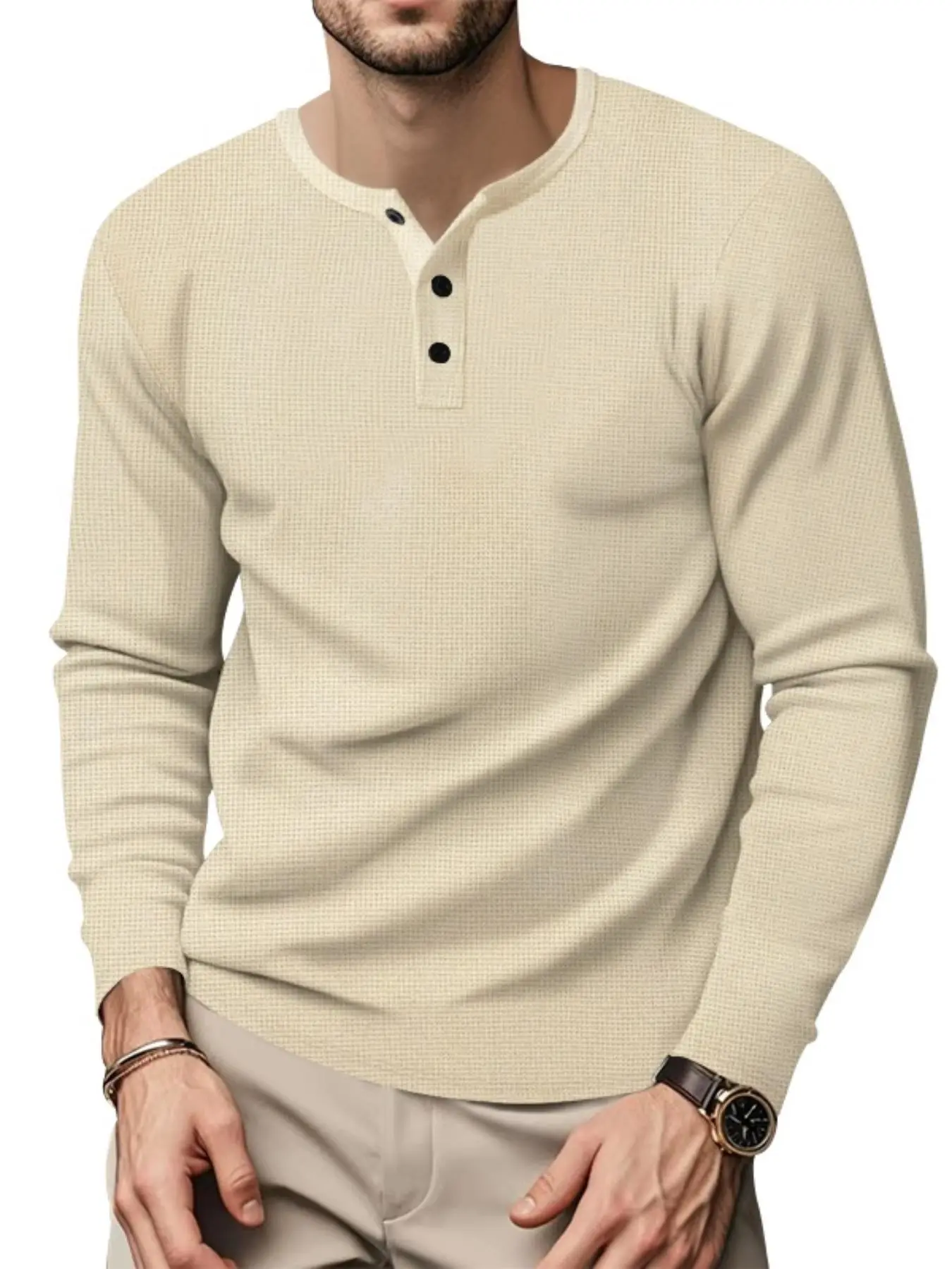 Men's Solid Waffle Knit Henley Neck Tee, Regular Fit Casual Long Sleeve T-shirt for Spring & Fall, Men's Top for Daily Wear, Knife
