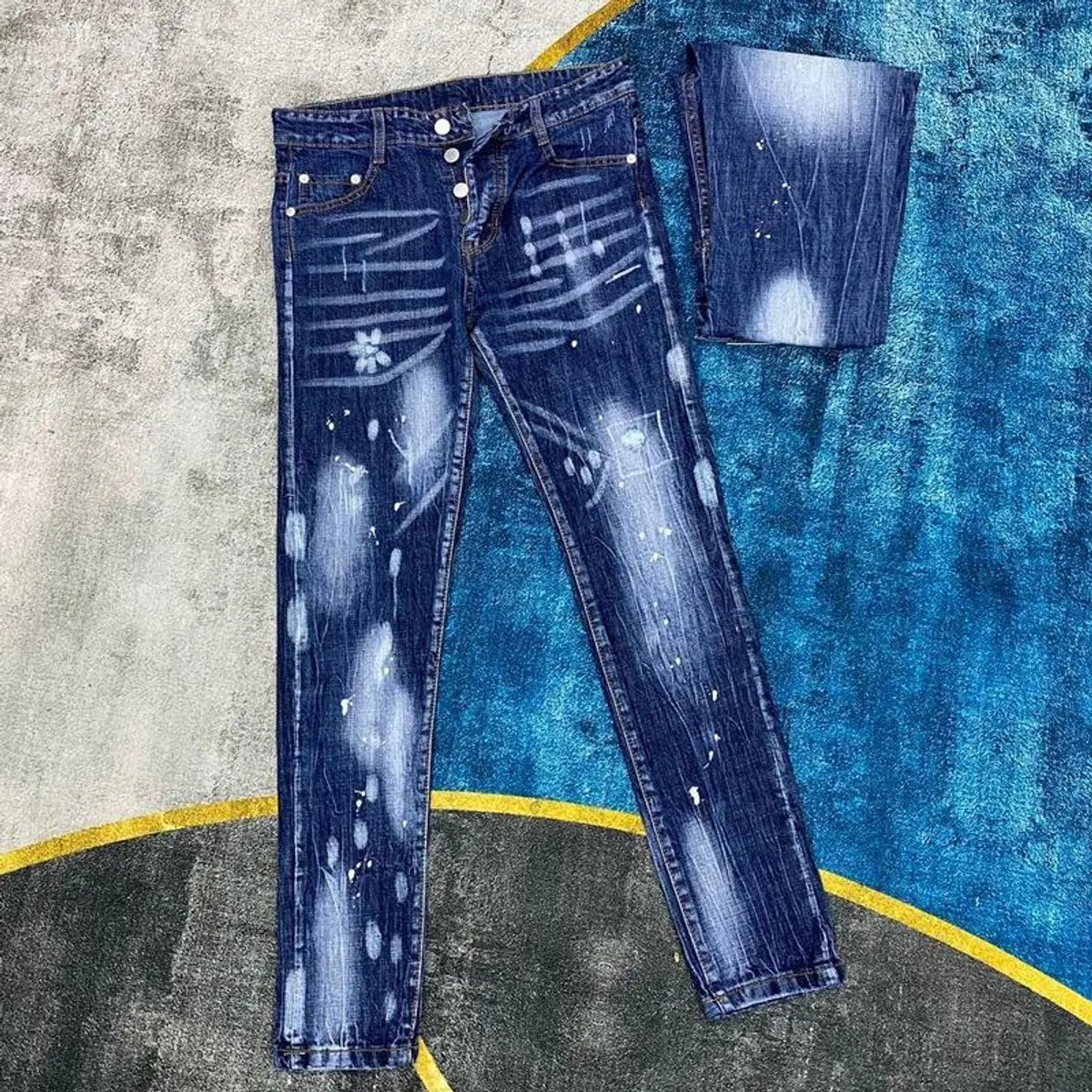Quần jean nam xanh 4 cúc loang bông chất jean dày đẹp Menswear
