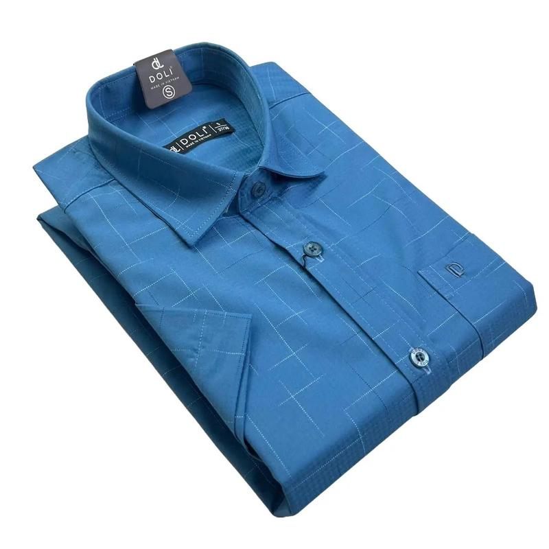 Áo sơ mi Nam Trung Niên ngắn tay thêu túi họa tiết kẻ vuông góc DOLI classic Menswear Shirt