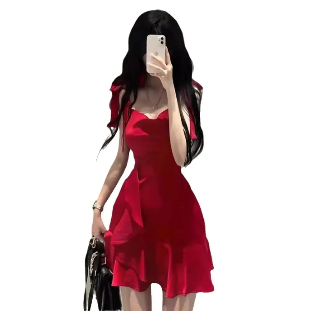 Pure Hot Girl Red Suspender Dress for Women Summer New Design Niche Temperament Waist Short Skirt Casual Womenswear Lingerie Comfort Fitted Basic