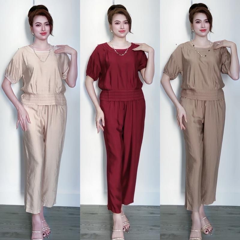BD416 Bộ Nữ Đũi Tơ Áo Tay Bồng Kèm Quần Baggy Dài - Size M.L.XL.2XL.3XL