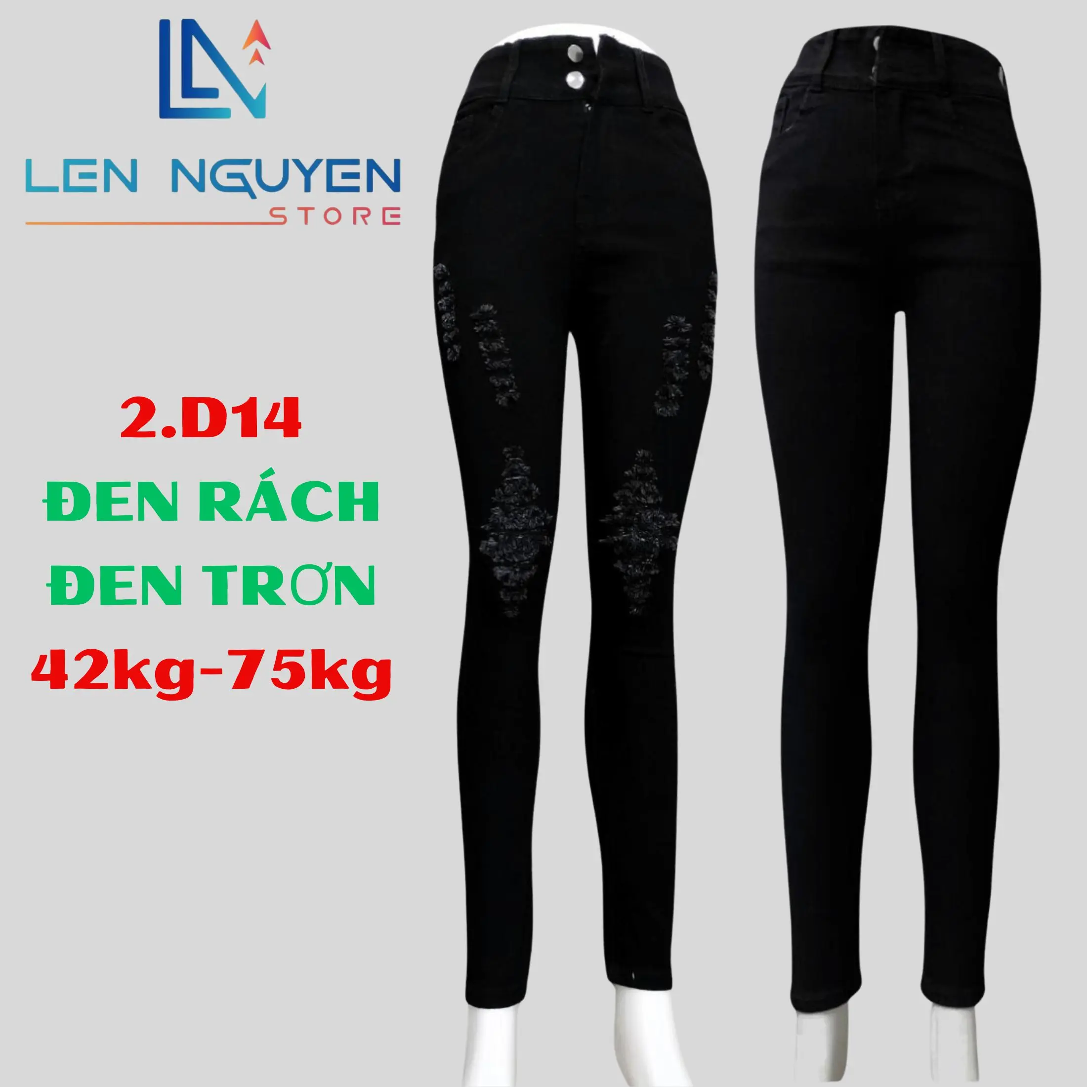 2.D14 [ Lên Nguyễn Store ] Quần Jean (Bò) Nữ Dài Dài 95-97cm, Size 42kg-75kg, Thiết Kế Thêu, Màu Xám, Xanh, Lưng Cao 2 Nút, Ống Ôm, Co Giãn, Mền Mịn, Bigsize, Hotgirl, Mang Phong Cách Năng Động, Trẻ Trung, Tự Tin, Dễ Phối Đồ, Skinny. Women Pants