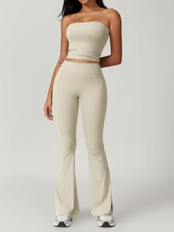 Two-Piece Set Women's Solid Crop Tube Top & High Waist Flare Leg Tracksuit Set, Sporty Breathable Comfortable Outfits for Yoga Gym Workout Running, Ladies Sportswear for Fall 1